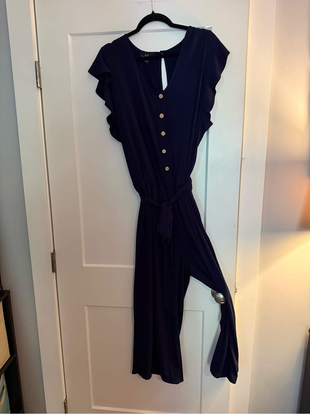 AGB Dress JUMPSUIT 1X Navy Blue Wide Leg Flutter Sleeve Tie Waist